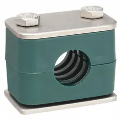 This vibration-dampening beta clamp features a 304 stainless steel clamp body and a polypropylene cushion with a ribbed bore. It secures and cushions piping, tubing, or conduit, reducing vibration and noise while preventing metal-to-metal contact. Suitable for industrial machinery, manufacturing, process plants, and material handling applications.