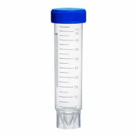 This 50 mL centrifuge tube is made of polypropylene with a natural color and square bottom. It includes an attached natural screw cap and is graduated for volume measurement. Suitable for general laboratory centrifugation, mixing, and storage applications