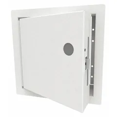 Steel locking access door with 12 in height and 12 in width. Features a piano hinge, exposed flange, and 16 ga steel frame. Powder coated finish. Designed for wall mounting to provide secure entry to mechanical, electrical, or plumbing systems in commercial or industrial buildings.