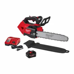 Battery-powered top-handle chainsaw with 18V system and 35cc equivalent power. Features adjustable chain oiler and compact top-handle design for improved control during overhead cutting. Suitable for tree care, pruning, and light felling applications.