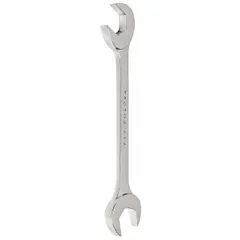 This SAE double-end open end wrench is constructed from alloy steel with a chrome finish. It features a 7/8 in head size and an 8 in overall length. Used for tightening or loosening hex fasteners in industrial maintenance, assembly, and repair applications.