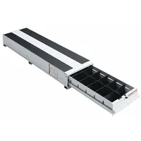 Aluminum storage drawer for cargo vans and trucks. Includes one shelf and measures 49 inches overall depth. White finish. Suitable for organizing tools and equipment in fleet vehicles