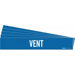 Blue adhesive pipe marker with white legend reading 'Vent', designed for pipes with outer diameter of 8 inches and larger. Each pack contains 5 markers without arrows. Used to identify vent lines in industrial piping systems.