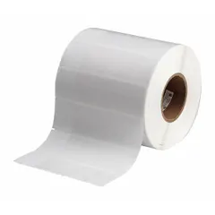White matte vinyl wraparound label for permanent identification of wires from 12 AWG to 8 AWG. Measures 2 in x 7 in and is compatible with THT printer series using R4308 ribbon. Suitable for industrial control panels, electrical installations, and maintenance labeling.