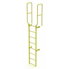 This TRI-ARC fixed ladder is a single-section steel walk-thru ladder with 8 rungs and a 28-inch overall width. It provides permanent access to elevated platforms, mezzanines, and rooftops in industrial settings. The steel construction supports heavy-duty use in warehouses, factories, and maintenance areas.