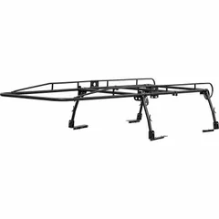 This ladder rack is constructed from black steel and measures 13 ft in length, 54.8 in in width, and 35.1 in in height. It has a maximum load capacity of 1000 lb. Suitable for transporting ladders, pipes, and long materials on pickup trucks or service bodies.