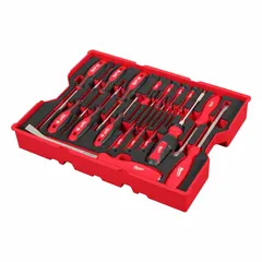This 17-piece tool-only set includes three slotted screwdrivers and one drive tool, all in SAE sizes. The tools are organized in a tray with foam inserts for secure storage and tool control. Suitable for driving screws and prying tasks in maintenance, construction, and assembly applications.