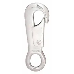 This eyelet spring snap features a cap-type opening of 9/16 in and an overall length of 4-3/4 in, constructed from iron. It is designed for non-lifting attachment tasks such as securing ropes, chains, or straps in industrial, marine, or rigging applications.