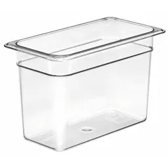 Rectangular third-size steam table pan with 7.3 qt capacity and 12 3/4 in overall length. NSF Certified and dishwasher safe for commercial foodservice use in holding, serving, and storing hot or cold food.