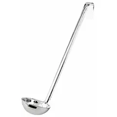 This stainless steel ladle has an 8 oz capacity and a 12-inch overall length, suitable for portioning and serving liquids such as soups, sauces, and gravies. The silver, unfinished finish provides a clean appearance for commercial kitchen use.