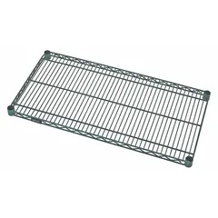 Steel wire shelf with antimicrobial properties for wet and dry environments. Features an epoxy-coated green finish, quick-adjust mechanism, and 600 lb load capacity. Suitable for commercial kitchens, cold storage, and clean rooms.