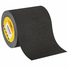 Solid black rubber antislip tape in a continuous roll, 6 inches wide by 60 feet long, 41 mil thick. Very coarse 46 grit surface with aggressive adhesive for indoor and outdoor use. Chemical-resistant and meets OSHA specifications. Suitable for heavy-traffic areas including oily and muddy environments.