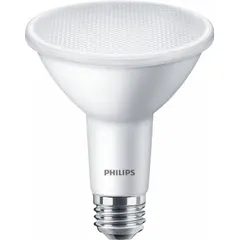 This PHILIPS PAR30L LED lamp operates at 120V and 8.5W, producing 850 lumens of warm white light at 2700K. It features a clear finish and a medium screw (E26) base. The shatter-resistant construction makes it suitable for general illumination in track lighting, recessed cans, and accent lighting applications.