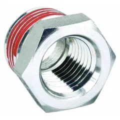 This rigid steel hydraulic hose adapter connects 1/4 in female NPTF to 3/8 in male NPTF threads. It is used in industrial fluid power systems for leak-resistant connections in high-pressure hydraulic circuits.