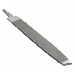 This tapered rectangular file features a single-cut edge with a bastard cut pattern, suited for general machine shop and maintenance tasks. With a 6 in length without tang, 5/8 in width, and 1/8 in thickness, it is designed for precision metal shaping, deburring, and sharpening. The tapered shape allows access to narrow slots and keyways.
