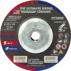 Type 27 ceramic grinding wheel for carbon and stainless steel. 24 grit for efficient material removal. Dimensions: 4-1/2" diameter, 1/4" thickness, 5/8"-11 arbor. Part of the Ultimate Grind Ceramic series.
