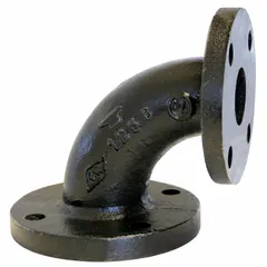 This 90° reducing elbow connects a 3-inch flange to a 2-inch flange in low-pressure piping systems. Constructed of cast iron, it is rated for Class 125 and a maximum operating pressure of 175 psi at 150°F. Suitable for water, steam, or gas lines requiring a change in pipe size and direction.