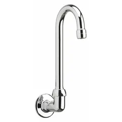This gooseneck spout is constructed from brass with a polished chrome finish. It features a swivel design and includes mounting hardware. The flow rate is 2.2 gpm. Typical applications include commercial kitchens, laboratories, and wash stations where a high-arc spout with swivel capability is needed.