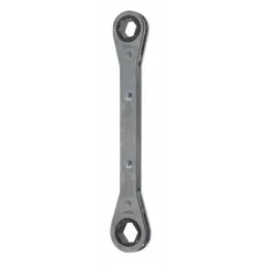This PROTO wrench is a metric double-end ratcheting box end wrench with 6-point openings for 12 mm and 14 mm fasteners. Made from alloy steel with a chrome finish, it has an overall length of 9 1/4 inches. Suitable for tightening and loosening hex nuts and bolts in maintenance and repair tasks.