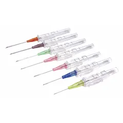 This safety IV catheter features a 22 gauge stainless steel needle and a polyurethane catheter with a 5 inch overall length. The blue-colored catheter is designed for intravenous access in clinical settings, providing a secure pathway for fluid administration.