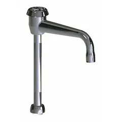 This single-bend gooseneck spout is constructed of brass with a polished chrome finish. It features a swivel design and laminar flow, with a UNEF connection. Mounting hardware is included. Suitable for commercial faucets in settings such as laboratories, kitchens, and washrooms.