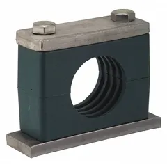 Beta clamp with a 304 stainless steel clamp and polypropylene cushion. The ribbed bore design dampens vibration in piping and tubing systems. Provides secure, non-marring support for industrial applications.