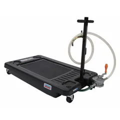 This low-profile portable oil drain is constructed of black polypropylene and has a 17-gallon capacity. With an overall height of 7 3/4 inches, it is designed to fit under low-clearance vehicles for draining engine oil, transmission fluid, and other lubricants in fleet maintenance and repair settings.