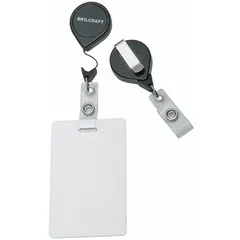 Retractable tether for securing ID badges, access cards, or keys. Features a horizontal/vertical orientation, black finish, and a 36-inch strap for extended reach. Overall width is 3/4 inch. Suitable for environments requiring hands-free badge access.