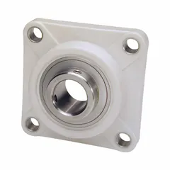 This washdown flange-mount ball bearing features a PBT plastic housing and H-1 grease lubricant, designed for applications requiring resistance to corrosion and contamination. It has a 5/8 in cylindrical bore, 3 3/8 in length, and uses set screws for shaft locking. Mounting bolt size is 3/8 in.