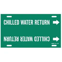 Strap-on pipe marker for identifying chilled water return lines in industrial piping systems. Green background with white legend and directional arrows. Fits pipe outer diameters from 8 to 9-7/8 inches. Sold individually.