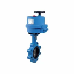 This ductile iron lug-style butterfly valve is electrically actuated and operates on 24V AC/DC with manual input control. It features a stainless steel disc and is suited for on/off flow control of air and water in general-service industrial piping systems.
