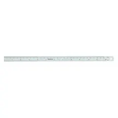Stainless steel rule with chrome finish and black etched markings. Length 12 in / 300 mm, thickness 0.05 in. Graduations in 0.5 mm and 1/64 in. Inside-read design for precise measurement in industrial layout and inspection tasks.