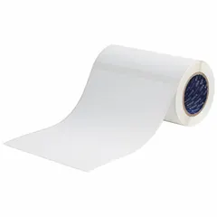 White matte-finish precut label roll for use with Brady J4000 printer series. Each roll contains 100 labels measuring 8 inches wide by 11 inches long. Suitable for industrial labeling applications requiring cryogenic or extreme-temperature resistance.