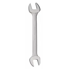 Alloy steel construction with satin finish. Double-ended design with 21 mm and 23 mm openings. Overall length 10 1/8 in. Suitable for tightening or loosening fasteners in general maintenance and assembly tasks.
