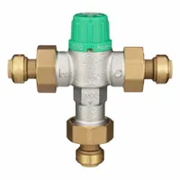 Thermostatic mixing valve for point-of-use applications, blending hot and cold water to deliver a controlled outlet temperature. Features 1/2 in inlet and outlet connections and built-in strainers. Commonly installed under sinks or near fixtures to provide tempered water
