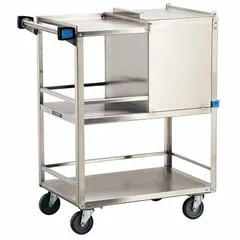 This stainless steel ice caddy features a hinged door and swivel casters for easy access and maneuverability. The gray finish and 19-inch depth make it suitable for transporting ice in commercial kitchens, bars, and hospitality settings.