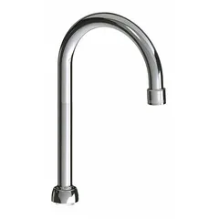 This gooseneck spout is made of brass with a polished chrome finish. It features a swivel design and laminar flow, with a UNEF connection. Includes mounting hardware. Suitable for commercial or industrial faucets requiring a corrosion-resistant spout.