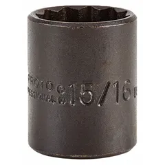 This 1/2" drive impact socket features a 15/16 in SAE 12-point configuration with an overall length of 1 9/16 in. Designed for use with impact tools, it is suited for fastening and loosening hex fasteners in high-torque applications such as automotive repair and industrial assembly.