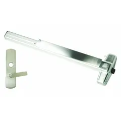 Aluminum rim-type exit device with touchbar and lever outside trim. ADA compliant. For doors up to 3 ft wide. Suitable for commercial egress applications requiring push-pad operation and keyed exterior access.