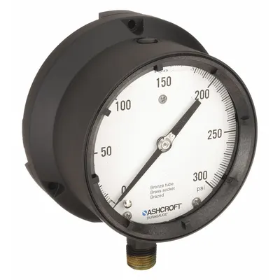 ASHCROFT Process Pressure Gauge: 0 psi to 300 psi, White, 4 1/2 in Dial, 1/2 in NPT Male - Vibration-Resistant Brass/Bronze Wetted Parts & Plastic Casing