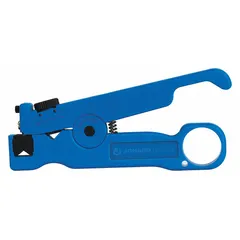 This cable slitter is designed for slitting and stripping fiber optic cables with diameters from 3/64 to 5/16 in. It features a slit blade with removable V block, standard cushion grip, and two replaceable blades. The tool has a product length of 4 1/2 in.