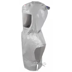 The 3M S-857 is a general-purpose hood with chest coverage for use with supplied-air respirator (SAR) systems. It features a universal headgear size and is gray in color. This hood provides respiratory protection for the head, face, and upper torso in industrial environments such as painting, chemical handling, and grinding.