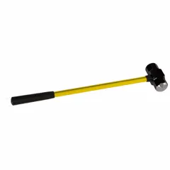 This sledge hammer features a 16 lb steel head with a 3 in diameter striking face and a 34 in overall length. The fiberglass handle is equipped with a ribbed grip for secure handling. Typical applications include heavy demolition, driving stakes, and breaking concrete or masonry in construction and industrial maintenance.