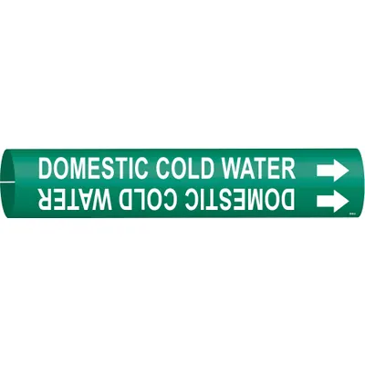 BRADY Pipe Marker: Domestic Cold Water, Green, White, Fits 3/4 to 1 3/8 in Pipe O.D. - Domestic Cold Water Snap-On Pipe Markers