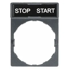 Rectangular non-metallic plastic legend plate for 22 mm panel mounting. Measures 1 5/8 in overall height by 1 3/16 in overall width. Features a black/red face with white English 'Stop-Start' text and tab mounting. Used to label push-button stations in industrial control panels.