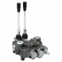 This four-way, three-position manual spool monoblock valve features a tandem center and spring return to neutral. It has a maximum flow rate of 21 gpm. Typical applications include directional control of double-acting cylinders or hydraulic motors in mobile or industrial equipment.