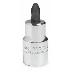 This Phillips bit socket features a #3 tip size and a fixed insert design for secure bit retention. With a 1/2 in drive and overall length of 2 5/32 in, it is suited for driving #3 Phillips fasteners in assembly, maintenance, and repair tasks.