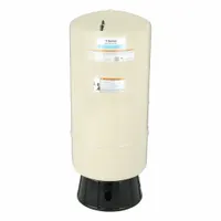 Vertical steel well water tank with 25.9-gallon capacity, featuring a rubber diaphragm and 1-inch connection. Designed for residential well water systems to maintain consistent pressure and reduce pump cycling. Epoxy-coated steel construction for corrosion resistance