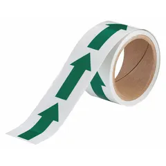 Glow-in-the-dark floor marking tape with green arrow design, 2 in width and 5 yd length. Features an 8 mil thick polyester backing for durability. Used to mark emergency egress paths, exit routes, and safety arrows in low-light or power-outage conditions.