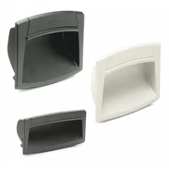 Angled inset pull handle with snap-in mounting. Made of white plastic with a matte finish. Rectangular tray design with 4.3 in overall length. Suitable for cabinet doors, drawers, and panels in industrial enclosures and machinery.